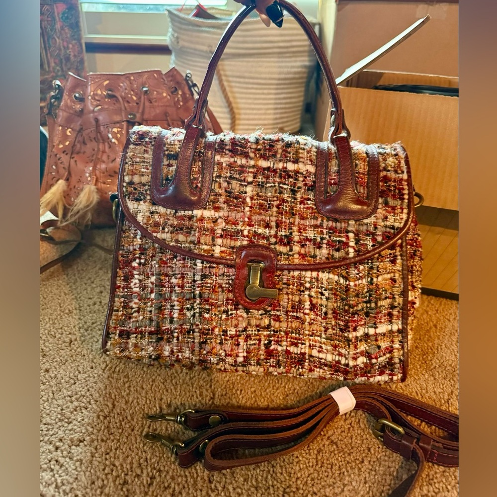Patricia Nash Woven Tweed Satchel Handbag in Multi-Brown
